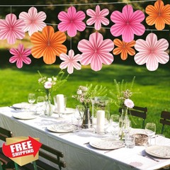 BestoFun Orange Hot Pink Paper Flower Fans 12 Pcs
