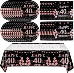 Chic 41-Piece 40th Birthday Set: Black Rose Gold Plates, Napkins & Cloth