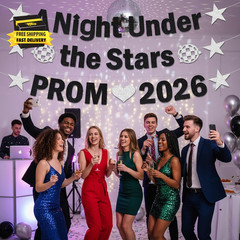 Prom 2026 Decorations Banner Set – Black Silver Glitter a Night under the Stars
