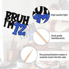 1 PCS Bruh I’m 12 Cake Topper Glitter Happy 12th Birthday Pick Decoration Blue