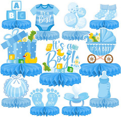 Boy Baby Shower Decorations Set – Kit with blue Honeycomb Centerpiece, Baby Reve