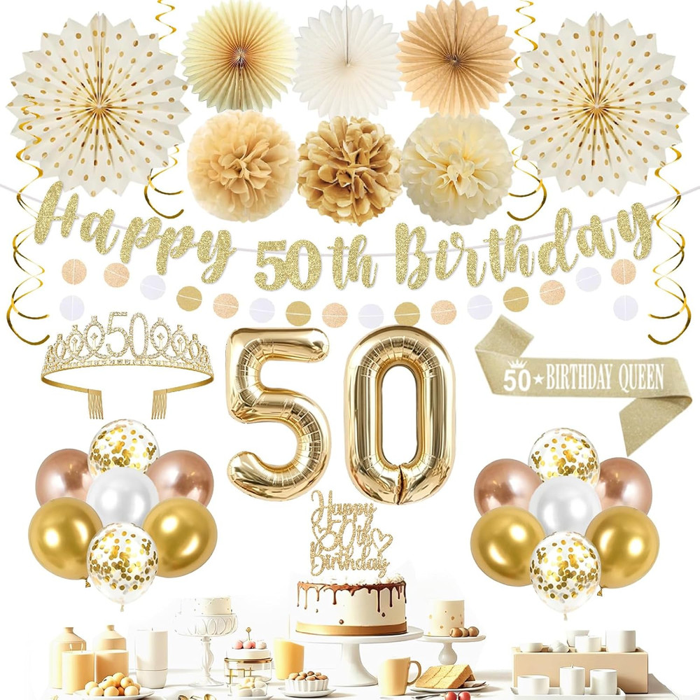 50Th Birthday Decorations for Women, Happy 50Th Birthday Banner Sash Crown | Cha
