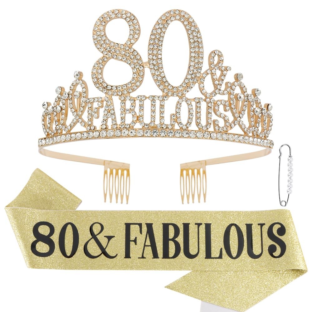 80th Birthday Decorations for Women – Set of 80 & Fabulous Crown Tiara, Gold