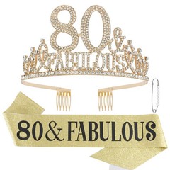 80th Birthday Decorations for Women – Set of 80 & Fabulous Crown Tiara, Gold