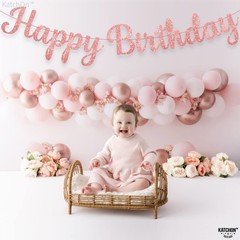 Glitter Rose Gold Cursive Happy Birthday Banner PreStrung 10 Feet | Pink Hap…