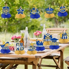 12Pcs Blue and Gold Graduation Decorations Hoenycomb Centerpieces 2025 Glitte…