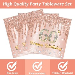 Stylish 60th Birthday Paper Plates and Napkins for 24 Guests in Pink Rose Gold