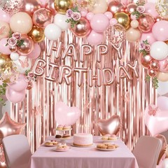 Decoraciones de cumpleaños en oro rosa, pancartas feliz cumpleaños, suministros