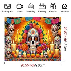 Colorful Día de los Muertos Backdrop Banner – Sugar Skulls & Flowers, 8x6ft Part