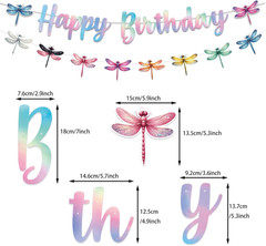 Dragonfly Happy Birthday Banner Iridescent Insect Sign Hanging Paper Birthday Pa