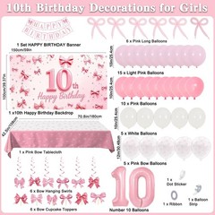 Pink Bow 10th Birthday Decorations for Girls, Coquette Themed 10 Year Old Gir…