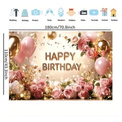Birthday Backdrop Banner for Women 71 inches x 43 inches, Rose Gold