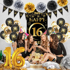 16Th Birthday Decorations Girls Boys – 37 Pcs Black Gold Banner Pennant Triangle
