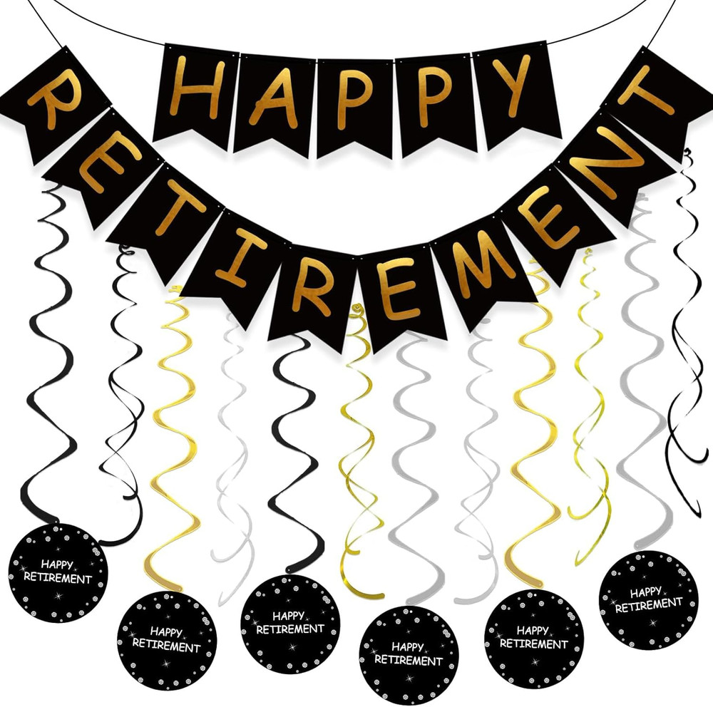 Retirement Party Decorations for Men Women Black Gold Happy Retirement Banner Ha