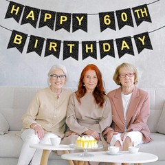 HAPPY 60TH BIRTHDAY Banner, Pre-Strung, Black Gold 60th Birthday Party Decora…