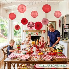 15 Pcs Red Gingham Party Decorations 12 Inch Paper Lanterns and Fans for Picnic