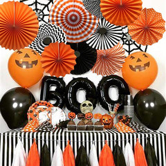 Party Hanging Paper Fans Set, Orange round Pattern Paper Garlands Decoration for