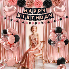 Rose Gold Birthday Decorations, 44Pcs Black & Rose Gold Birthdays Decorations fo