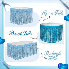 2 Pack Light Blue Lake Blue Table Skirts, 29X108″ Metallic Foil Tinsel Fringe