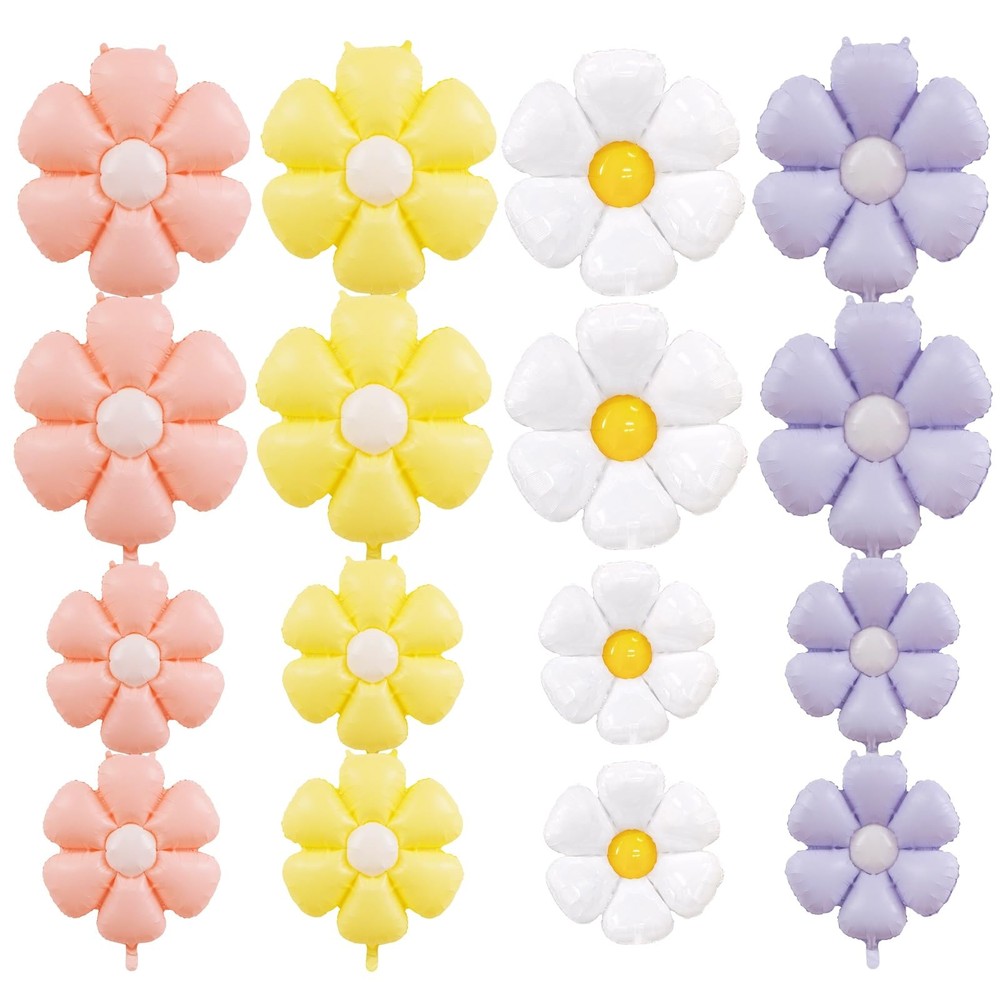 16 Pieces Daisy Foil Balloons – 4 Colors 21 & 12 Inches Boho Flower Mylar Bal…