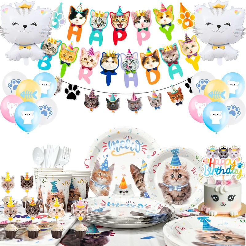 167Pcs Cat Birthday Party Decoration Pet Party Supplies Balloon Plates Tableware