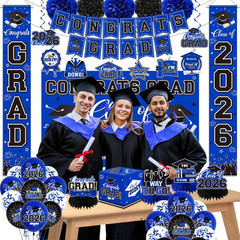 Graduation Decorations 2026 Blue Party Decor Set with Congrats Grad Banner, Clas