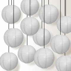 12 PACK | Grey Even Ribbing Round Paper Lantern, Hanging Combo Set