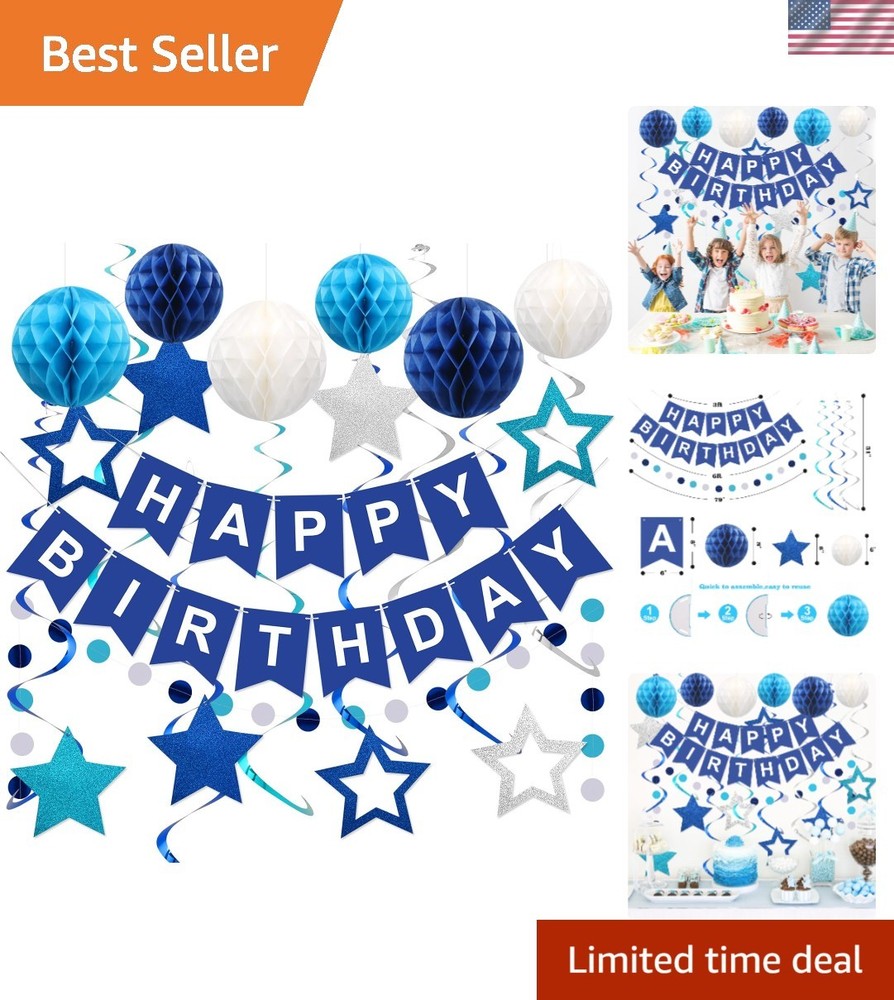 Complete Blue Birthday Party Decoration Kit: Banner & Fun Whimsical Accents