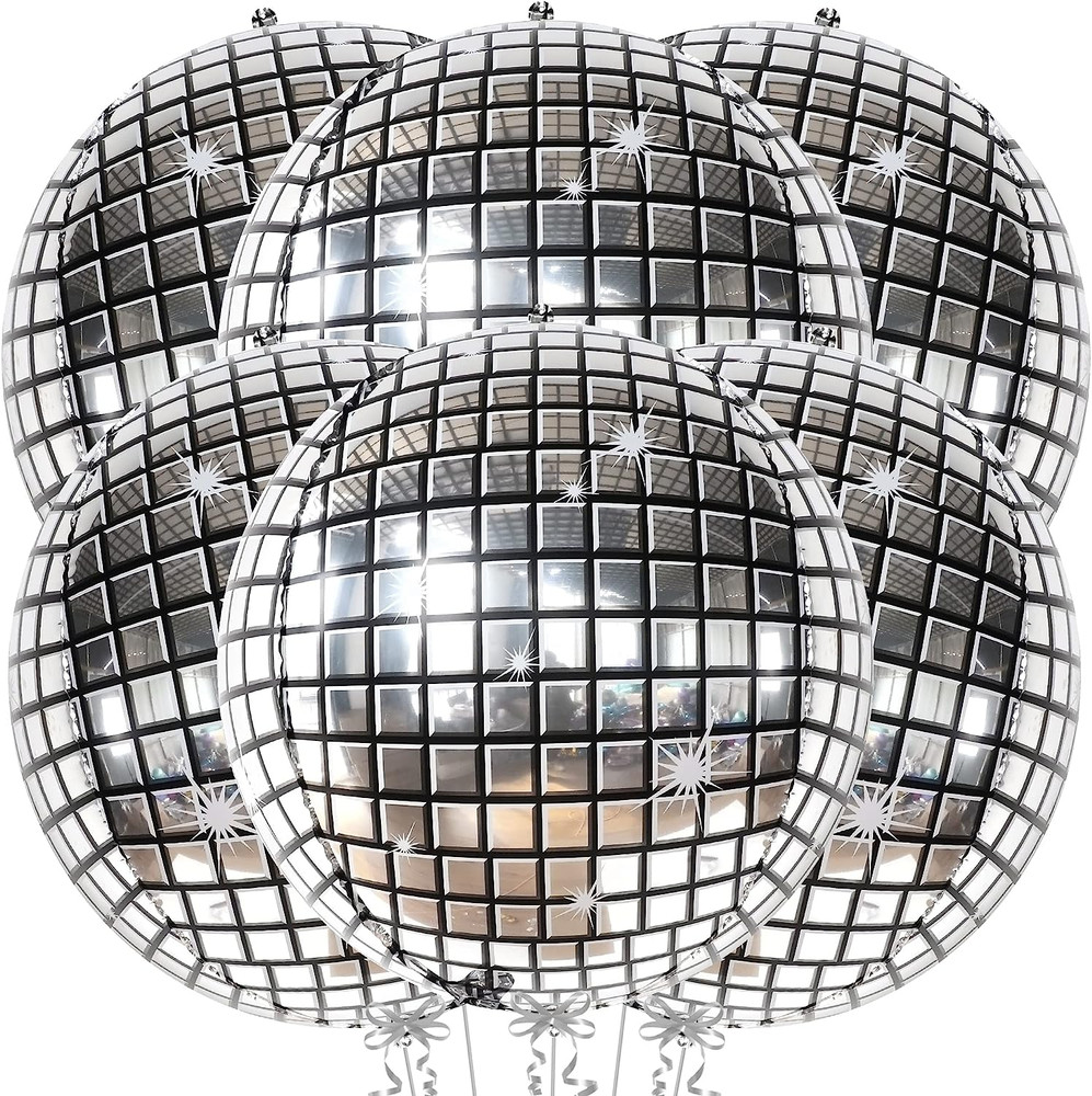 Pack of 6 Big Silver Disco Ball Balloons for Party, Bachelorette, New Year Decor