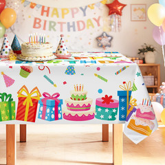 Birthday Table Cloth Rectangle Happy Birthday Gift Cake Washable Wipeable Polyes