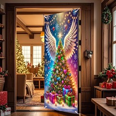 Christmas Tree Front Door Coverss Wrap Xmas Holiday House Hanging Banner Wint…