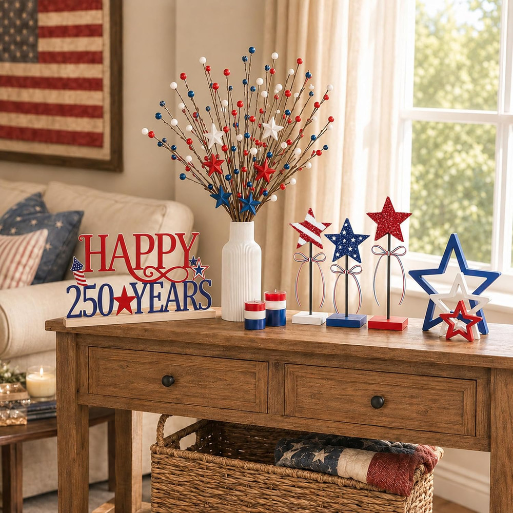4Pcs 250Th Anniversary Decorations Set, Red White Blue Wood Stars, Metal America