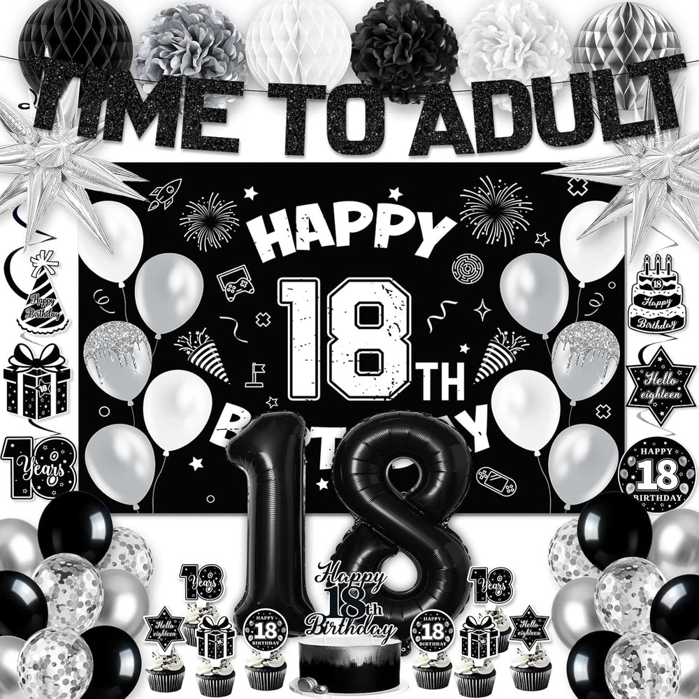 18Th Birthday Decorations for Boys Girls, Black 18Th Birthday Supplies Include T