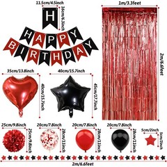 Red Black Birthday Party Decorations, Happy Birthday Banner Pompoms Balloon A…