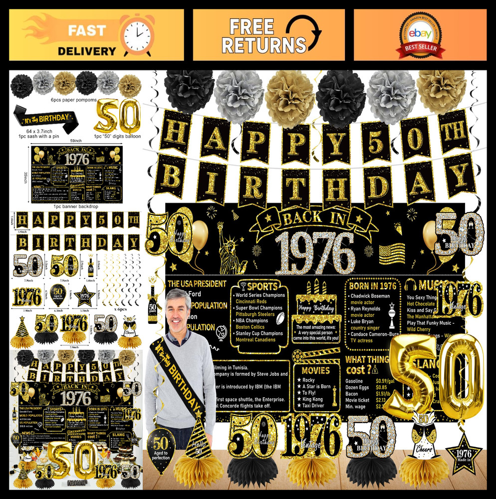 50th Birthday Party Decorations – 21pcs 1976 Banner, Black Gold Balloons, Backdr