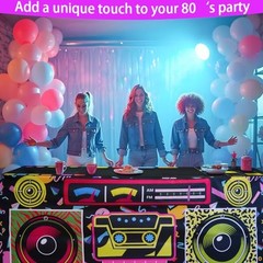 4FT 80s 90s Theme Party Tablecloth, 80s 90s 48″ x 24″ (Rectangular) Black-radio