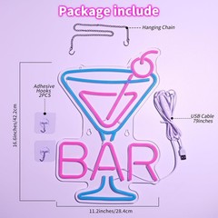 Cocktail Neon Sign – Martini Glass LED Bar Light, Retro Home Pub Wall Art, Di…