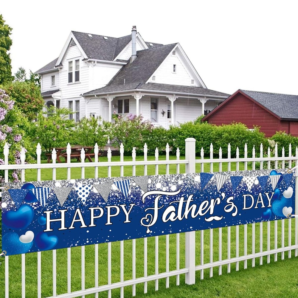Happy Father’s Day Banner Backdrop Decoration I Love Dad Blue Sliver Glitter