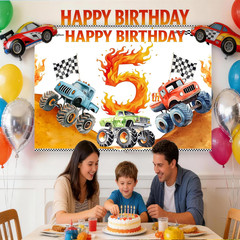 Truck 5Th Birthday Decorations for Boys，5Th Happy Banner Backdrop，5Th Race Car T