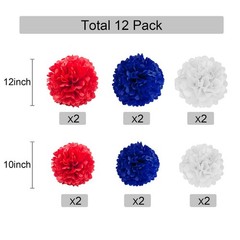 Navy Blue Red White Tissue Paper Pom Poms Patriotic Hanging Decor 12 PCS