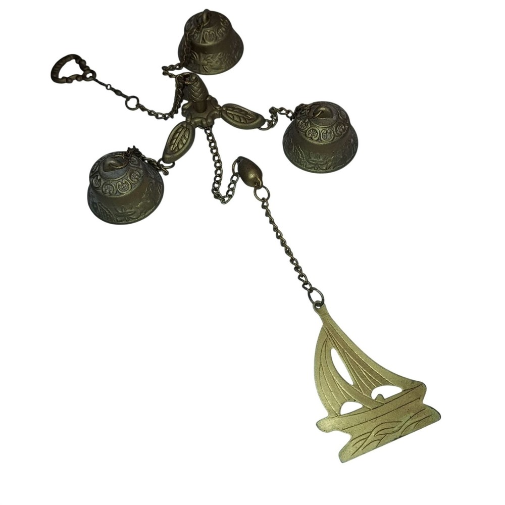 Vintage Brass Wind Chime With Ornate Bells & Chain Detailing For Home Décor Or S