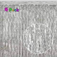 4 Pack 3.3×6.6ft Silver Foil Fringe Backdrop – Wavy Metallic Tinsel Foil Curt…