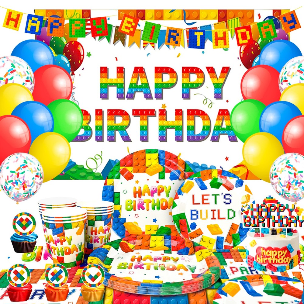 Building Blocks Party Decorations Lego Birthday Tableware Set Backdrop Balloons
