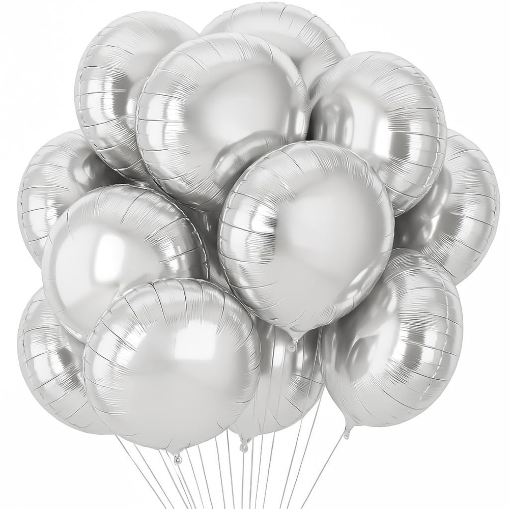20 Pieces 18 Inches Silver Round Foil Balloons, Metallic Mylar Balloons for W…