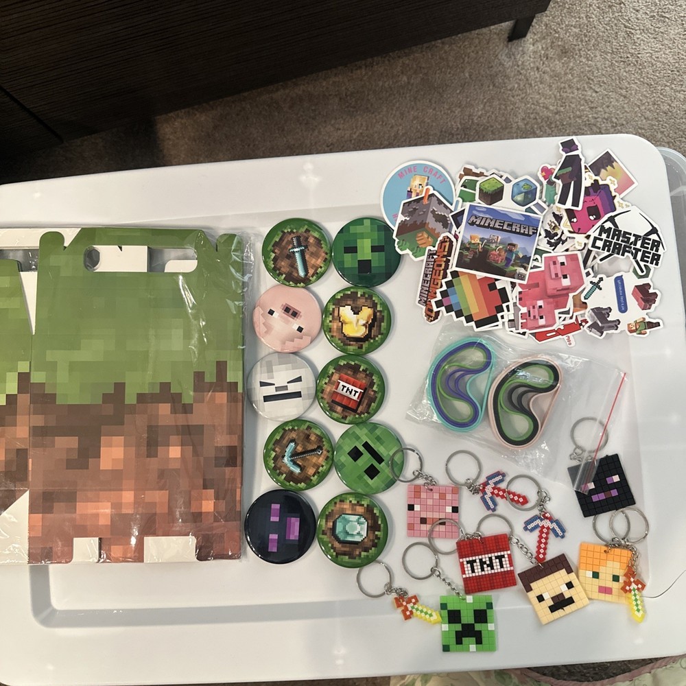 Minecraft Birthday Party Giveaways keychains pins stickers bracelets