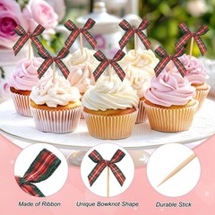 M METERXITY 30Pack Bow Cupcake Toppers, Ribbon Bow Cake Toppers Plaid Bowknot…