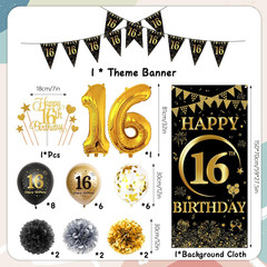 16Th Birthday Decorations Girls Boys – 37 Pcs Black Gold Banner Pennant Triangle