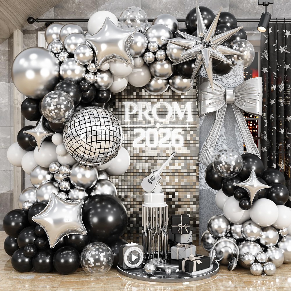 Prom Balloon Garland Arch Kit, Graduation Black Silver White Metallic Balloon…