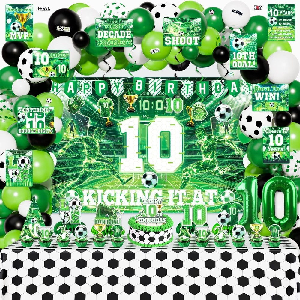 10th Birthday Decorations for Boys, 174Pcs Green Soccer 10 Party Decor