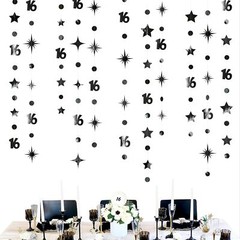 Black Number 16 Circle Dot Twinkle Star Garland Metallic Streamer